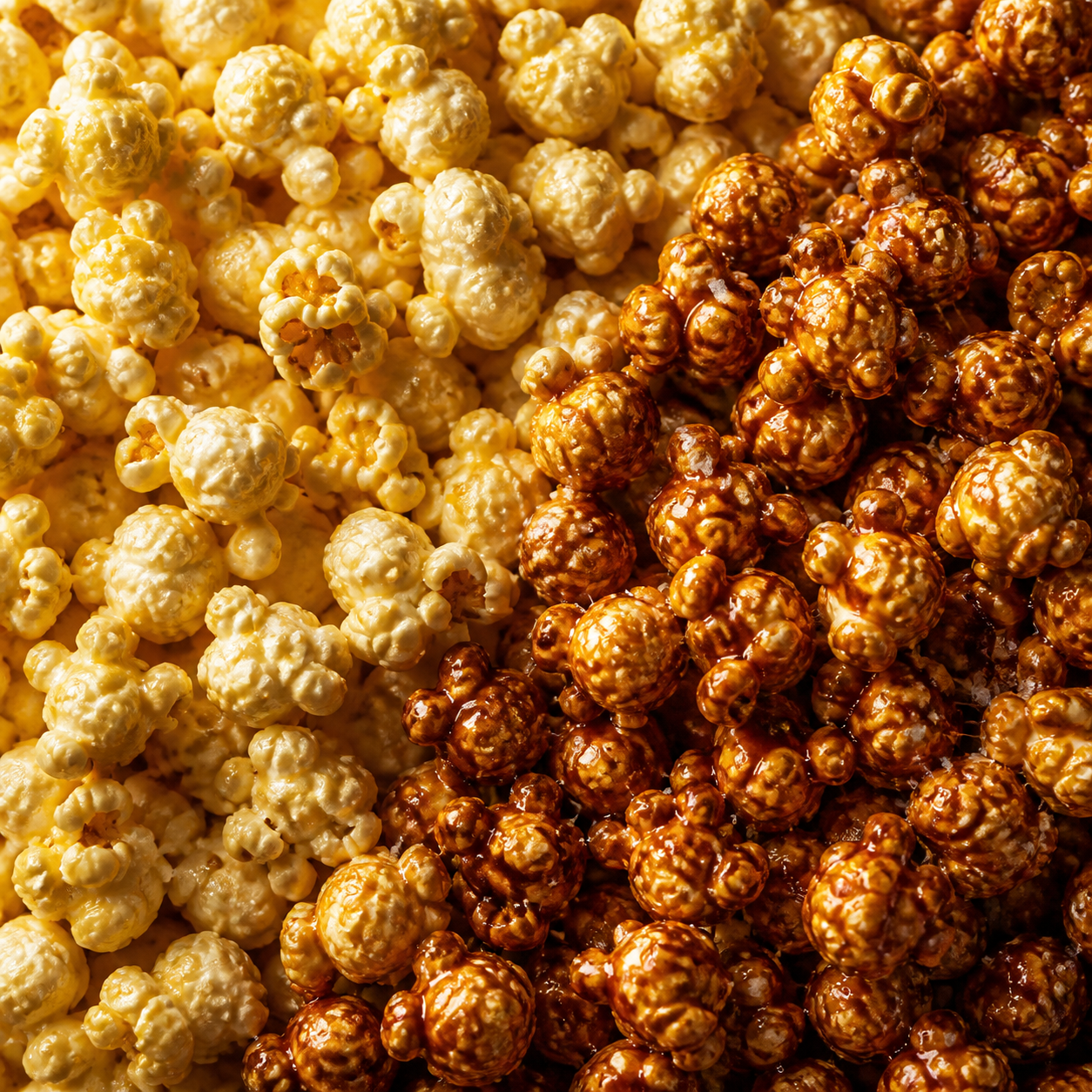 Close-up textures of traditional and caramel kettle corn