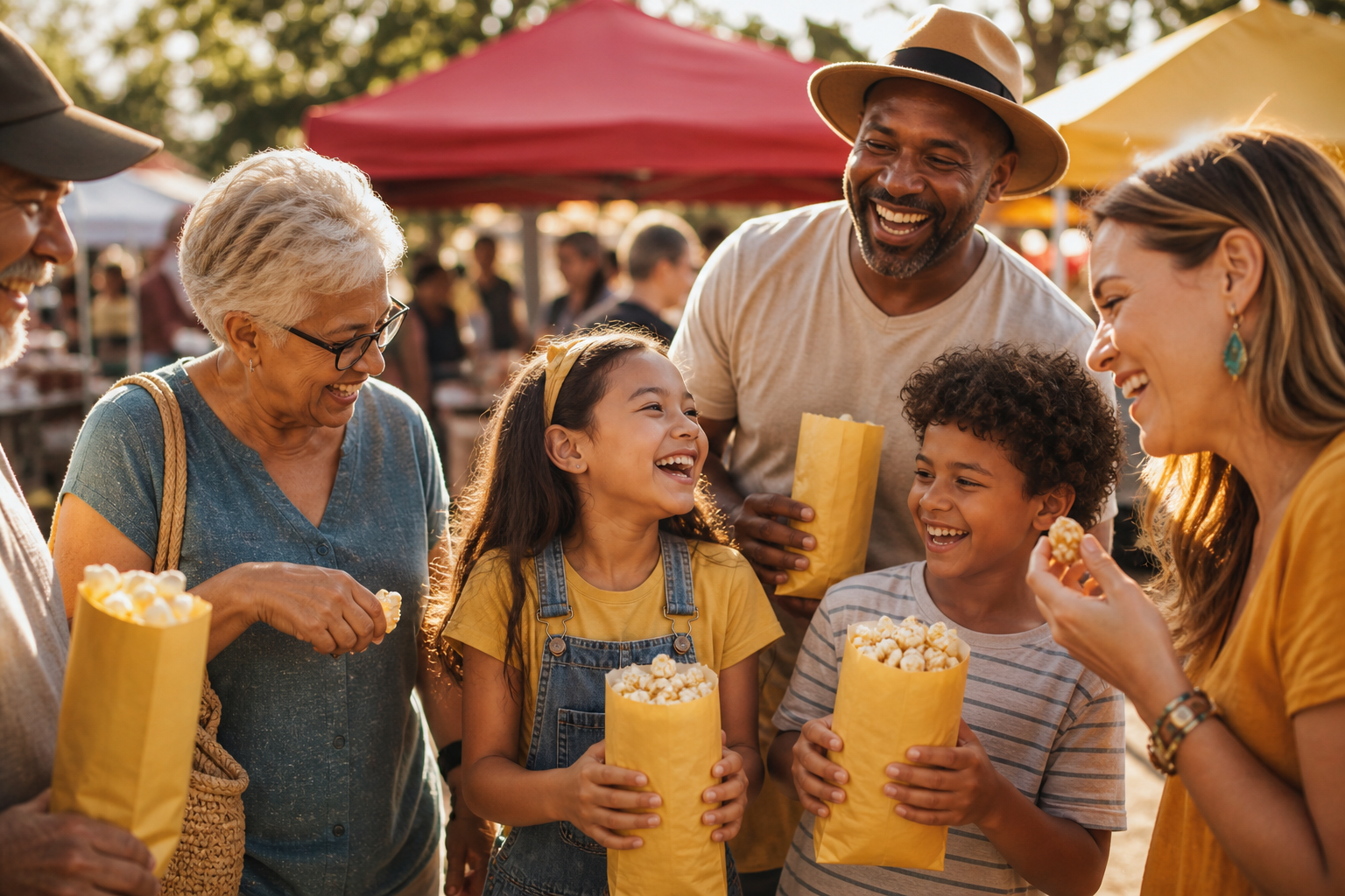 Families and friends smiling together while sharing kettle corn at an outdoor market
