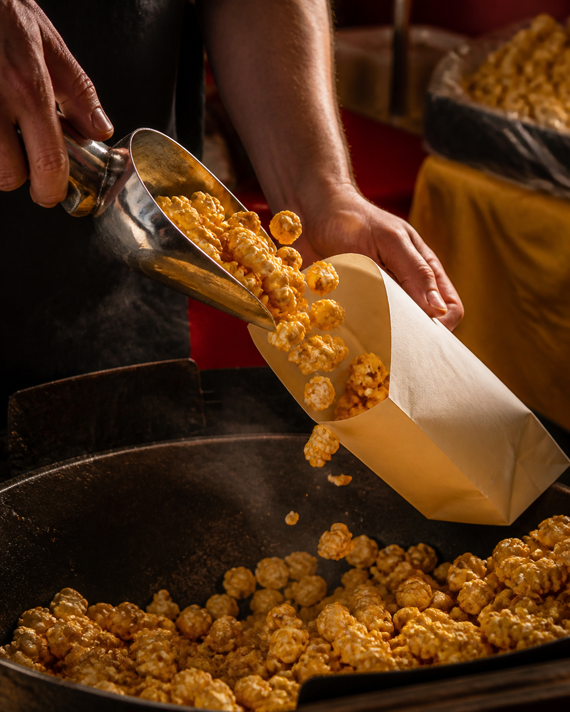 Fresh kettle corn being scooped by hand from the kettle into a paper bag
