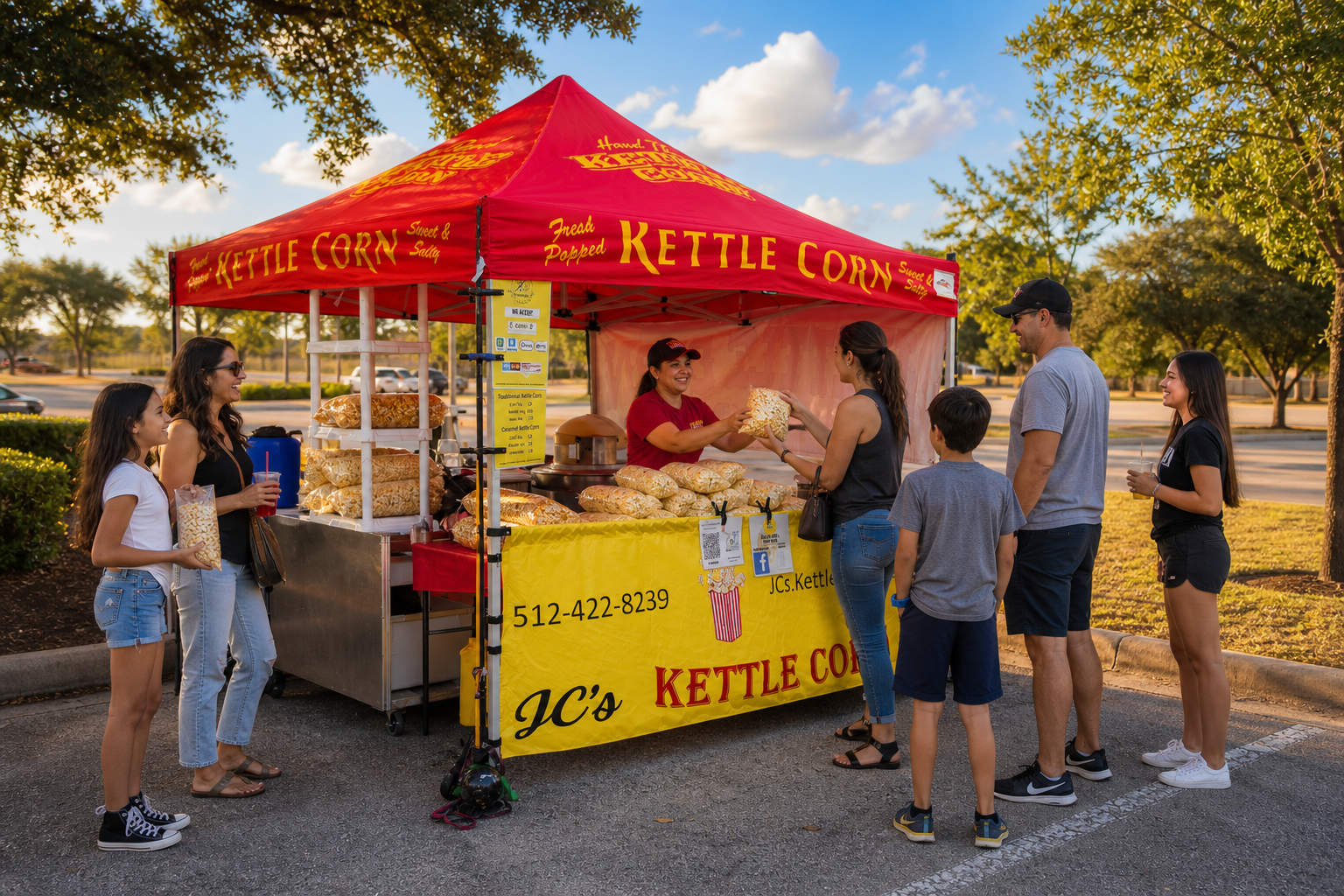 JC's red kettle corn tent serving families at an outdoor market