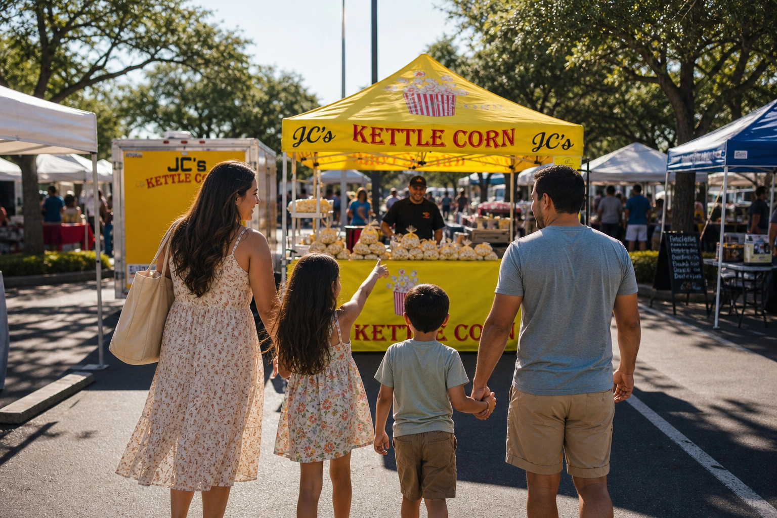 A family walking toward JC's bright yellow kettle corn tent